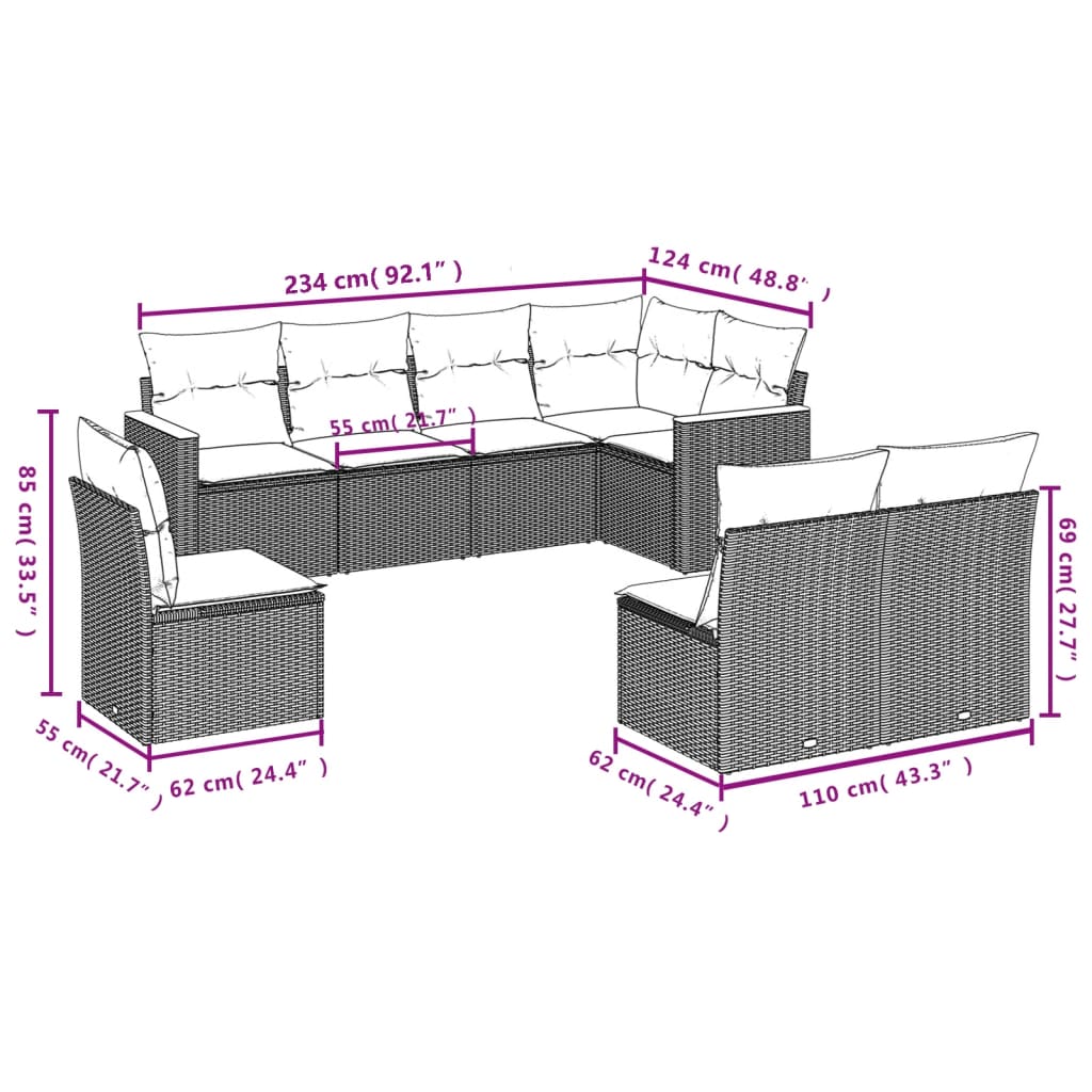 Set Divani da Giardino con Cuscini 8 pz Nero in Polyrattan 3226041