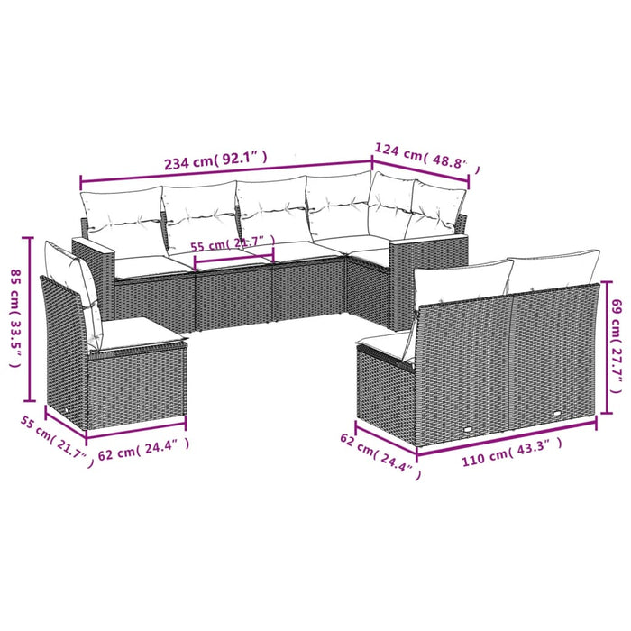 Set Divani da Giardino con Cuscini 8 pz Nero in Polyrattan 3226041