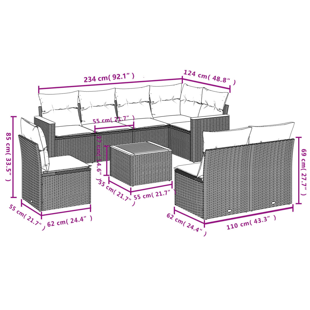 Set Divani da Giardino 9 pz con Cuscini Nero in Polyrattan 3226048