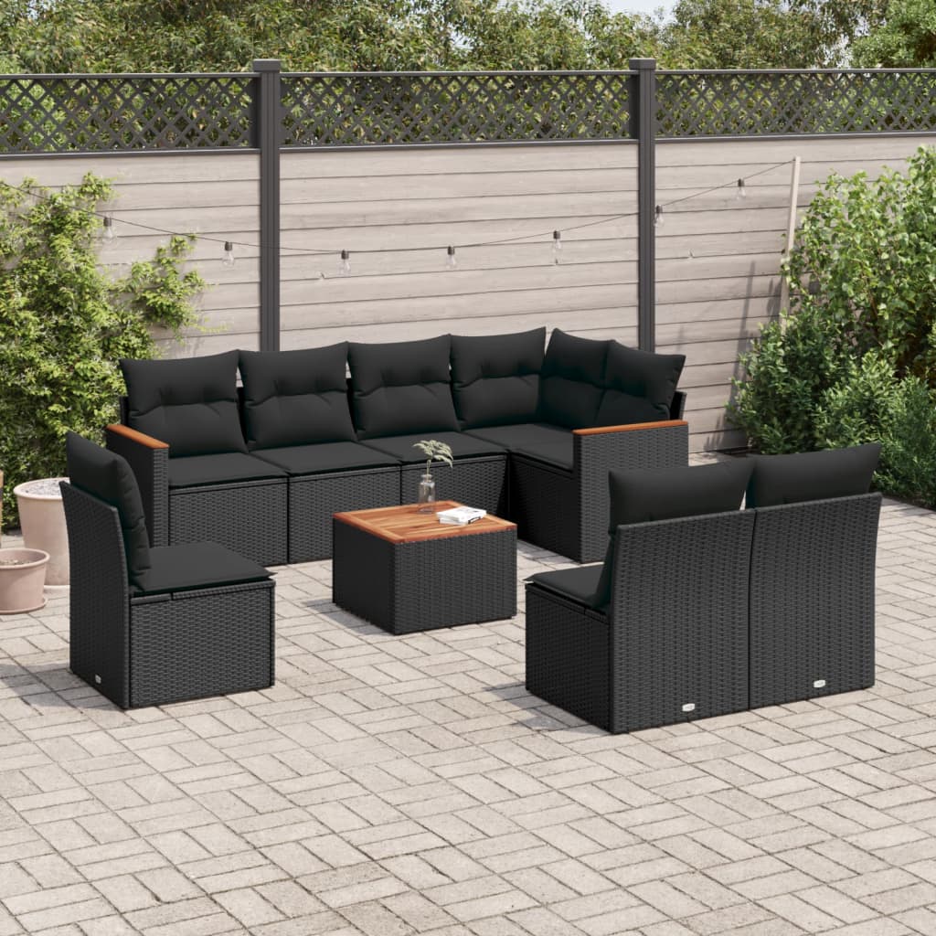 Set Divani da Giardino 9 pz con Cuscini Nero in Polyrattan 3226048