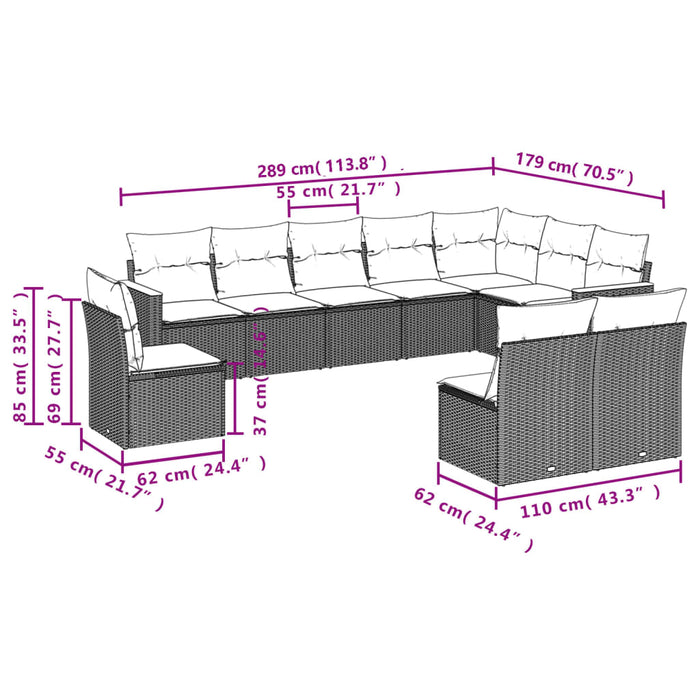 Set Divani da Giardino 10pz con Cuscini in Polyrattan Nero 3226069