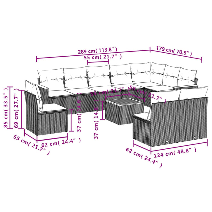 Set Divani da Giardino 11 pz con Cuscini in Polyrattan Grigio 3226081