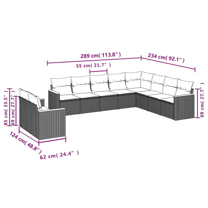 Set Divani da Giardino 10pz con Cuscini in Polyrattan Nero 3226111