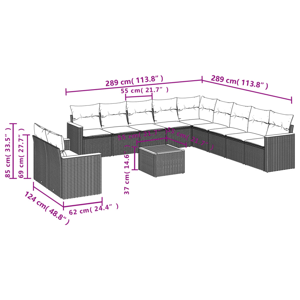 Set Divani da Giardino 12 pz con Cuscini Nero in Polyrattan 3226132