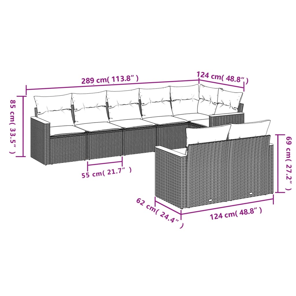 Set Divano da Giardino 8 pz con Cuscini Grigio in Polyrattan 3226151