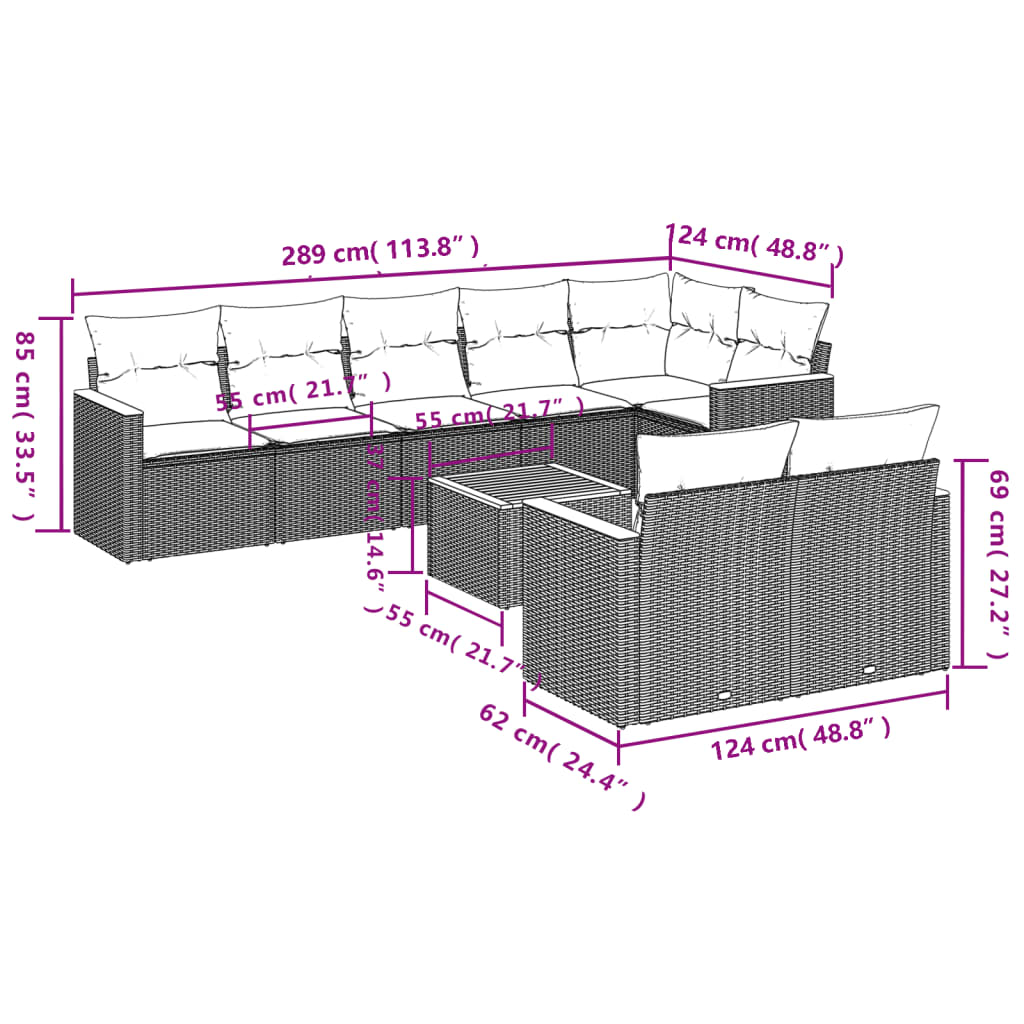 Set Divani da Giardino 9 pz con Cuscini Nero in Polyrattan 3226154