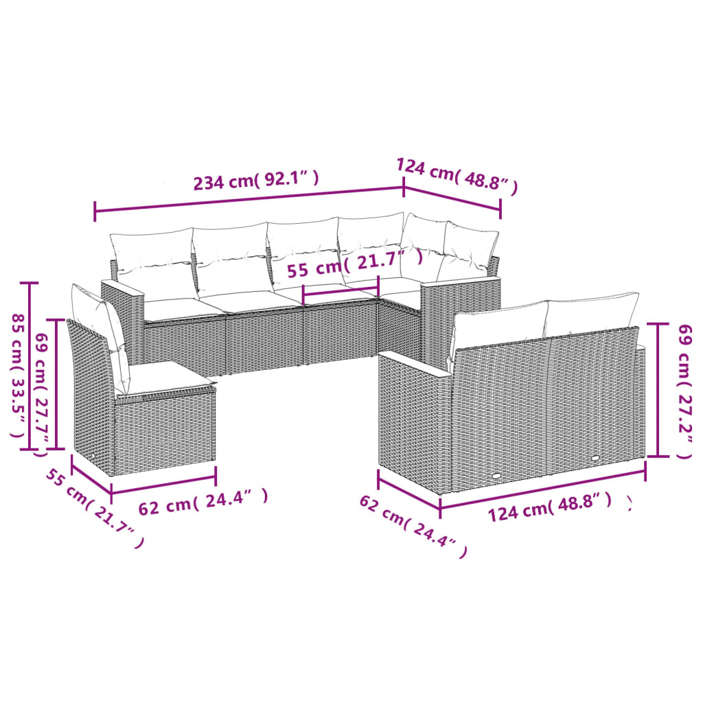 Set Divano da Giardino 8 pz con Cuscini Beige in Polyrattan 3226163