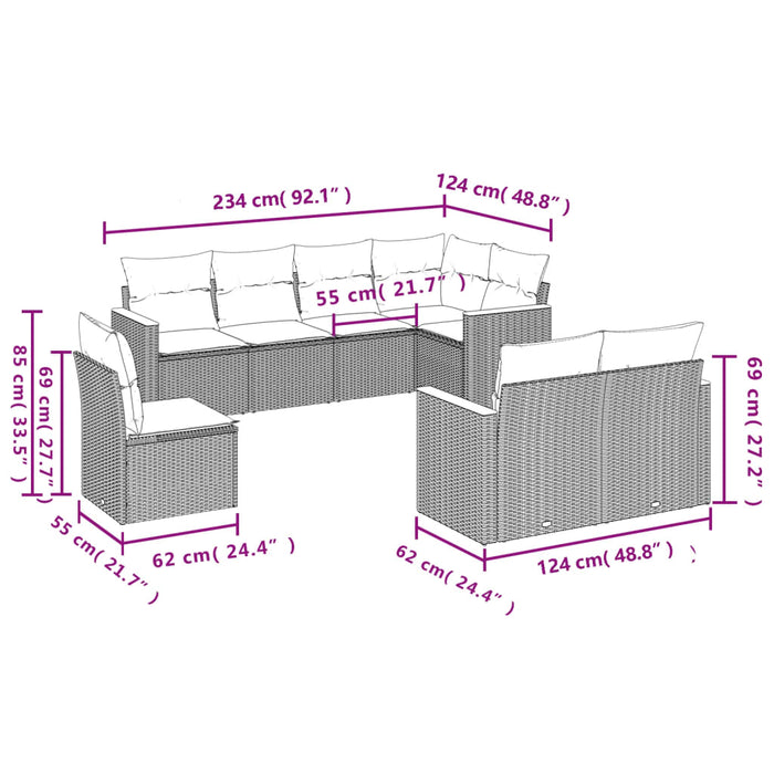 Set Divano da Giardino 8 pz con Cuscini Beige in Polyrattan 3226163