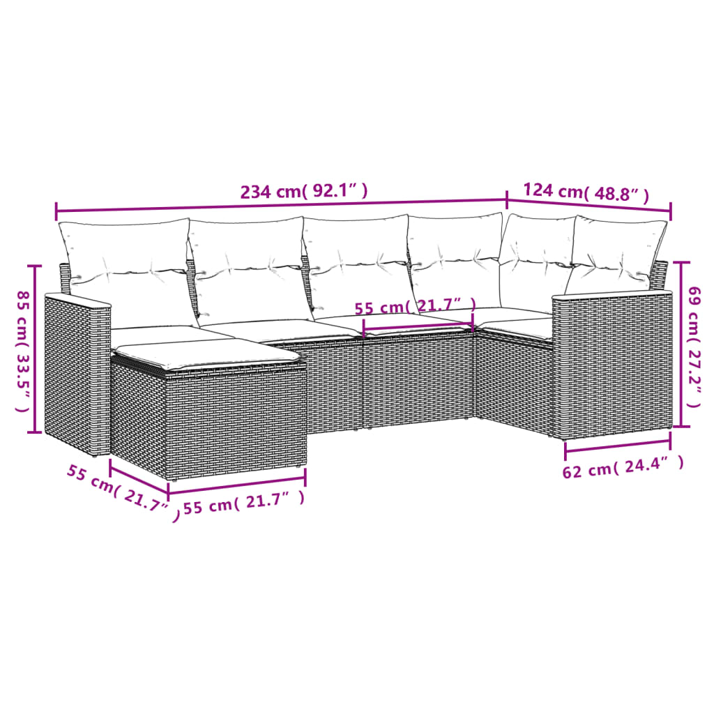 Set Divano da Giardino 6 pz con Cuscini Nero in Polyrattan 3226175