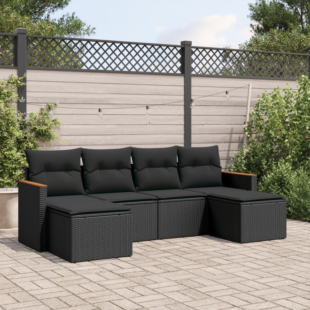 Set Divano da Giardino 6 pz con Cuscini Nero in Polyrattan 3226216