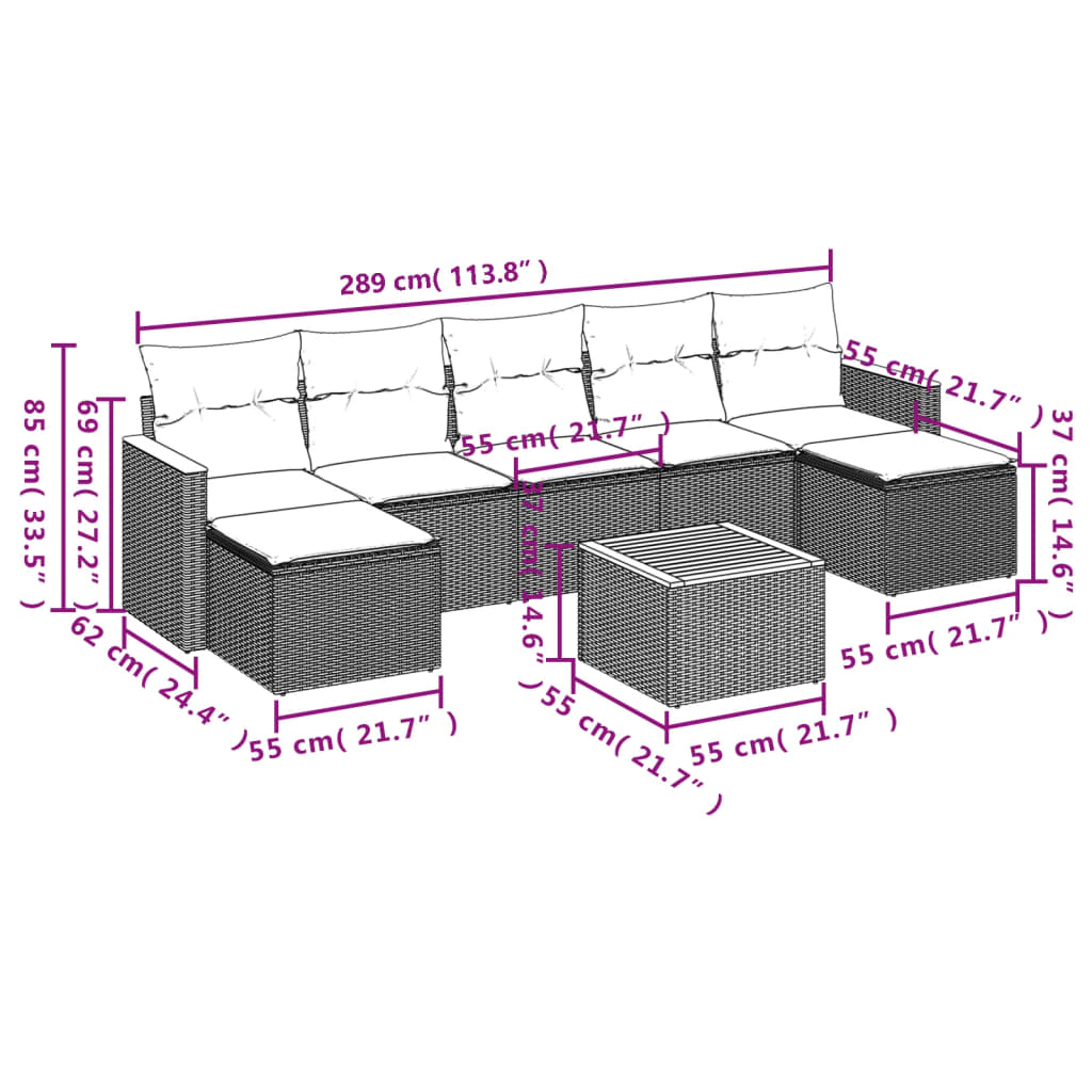 Set Divani da Giardino con Cuscini 8 pz Nero in Polyrattan 3226237