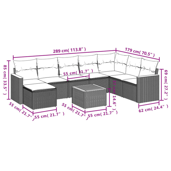 Set Divani da Giardino 9 pz con Cuscini Nero in Polyrattan 3226251