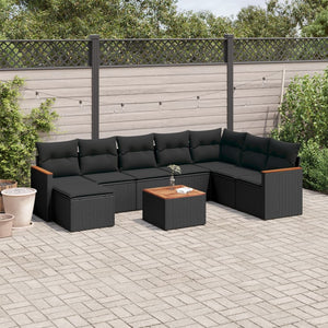 Set Divani da Giardino 9 pz con Cuscini Nero in Polyrattan 3226251