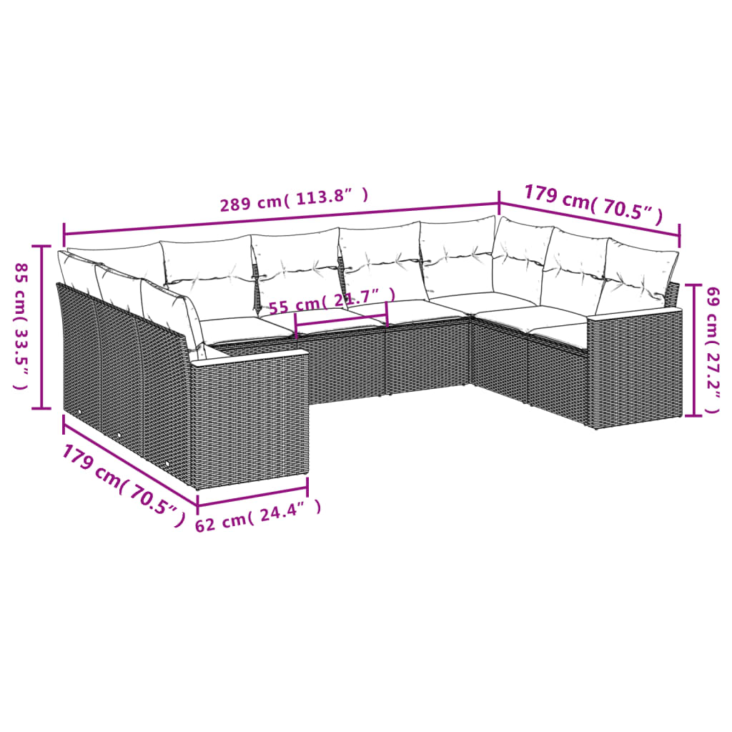 Set Divani da Giardino 9 pz con Cuscini Nero in Polyrattan 3226273