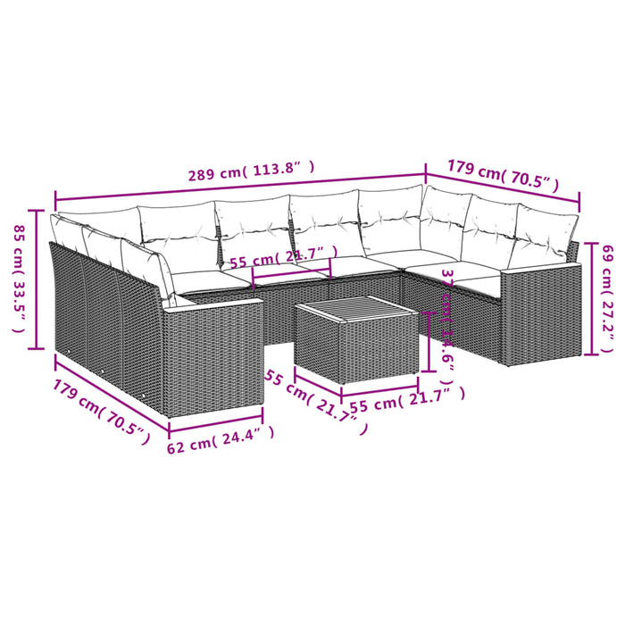 Set Divano da Giardino 10 pz con Cuscini Grigio in Polyrattan 3226284