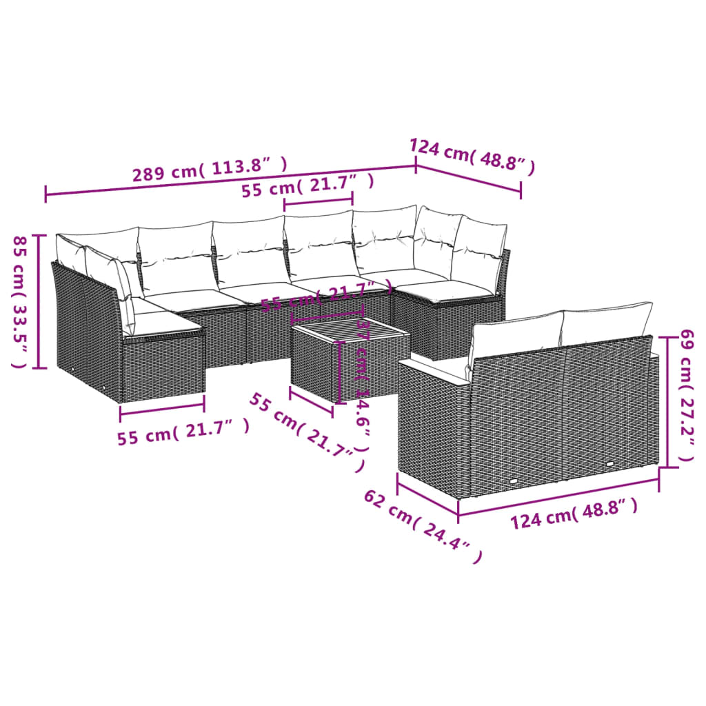 Set Divano da Giardino 10 pz con Cuscini Grigio in Polyrattan 3226298