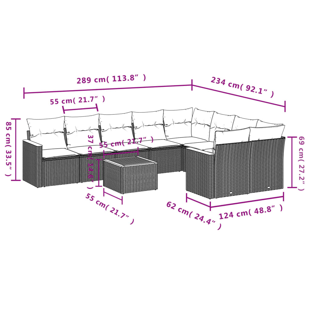 Set Divani da Giardino 10pz con Cuscini in Polyrattan Nero 3226308