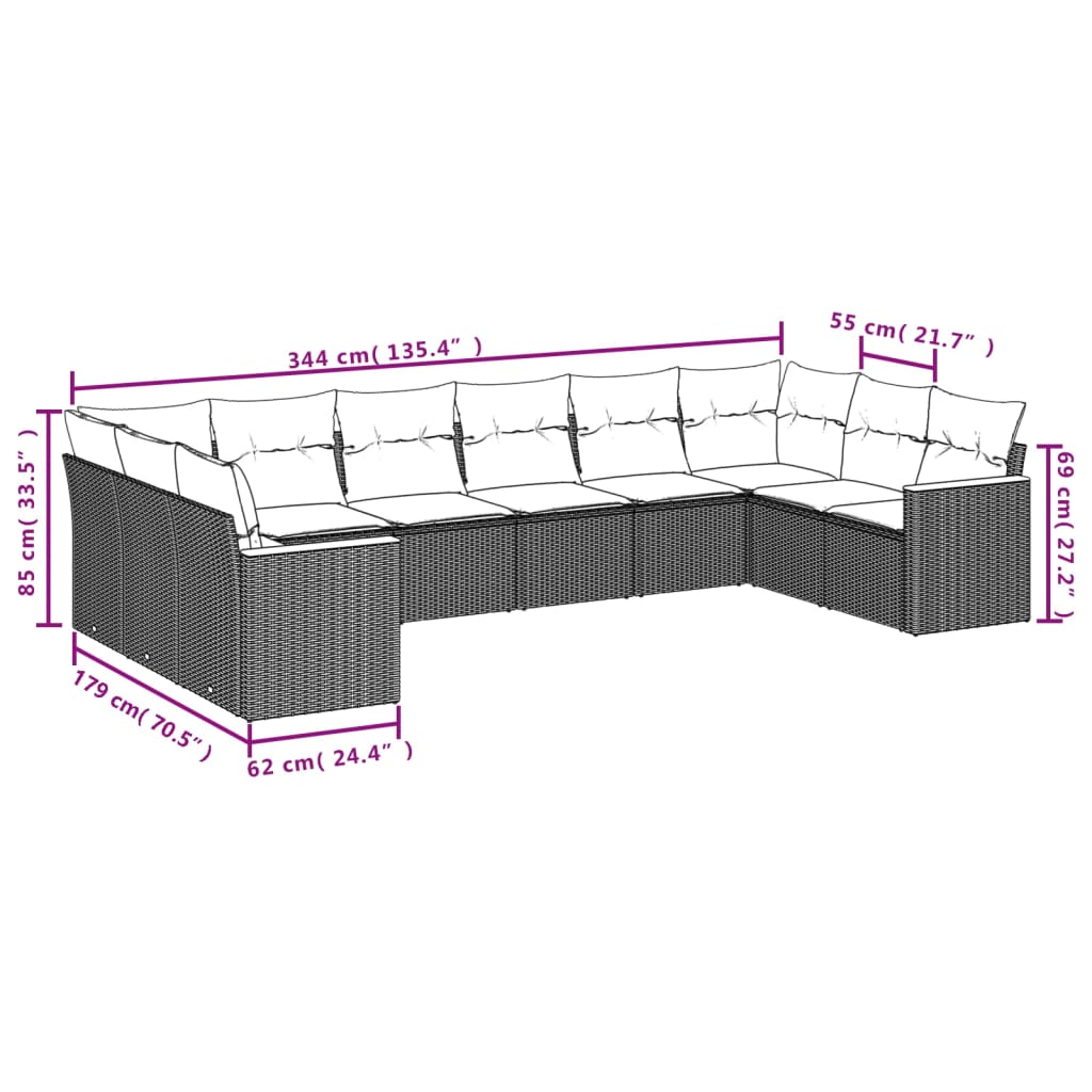 Set Divani da Giardino 10pz con Cuscini in Polyrattan Nero 3226321