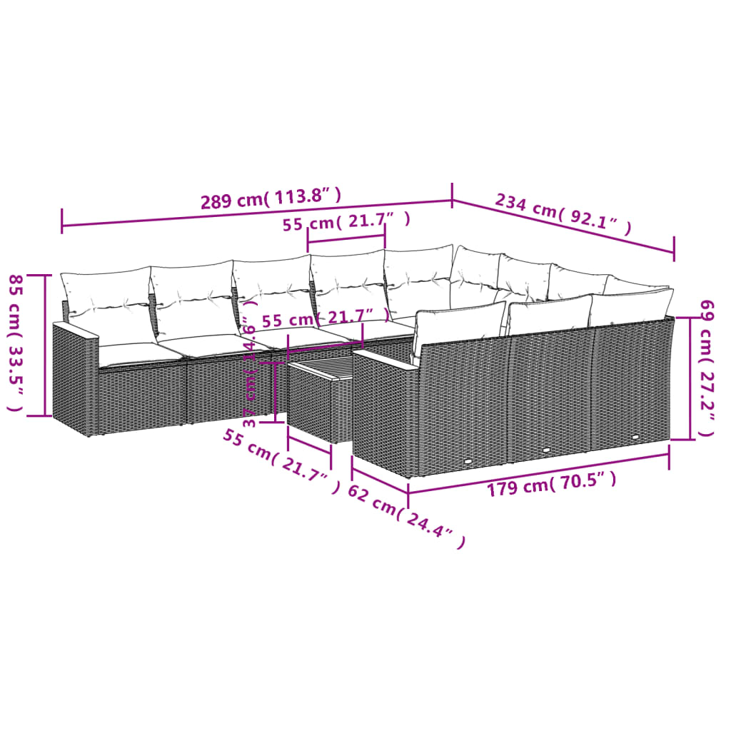 Set Divani da Giardino 11 pz con Cuscini in Polyrattan Nero 3226342