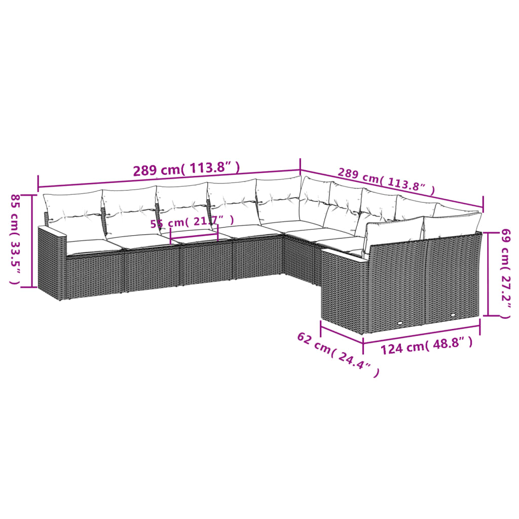 Set Divani da Giardino 10pz con Cuscini in Polyrattan Nero 3226349