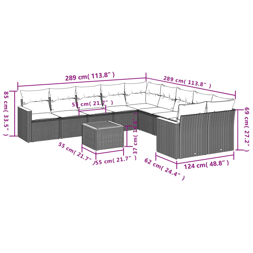 Set Divani da Giardino 11 pz con Cuscini in Polyrattan Grigio 3226361