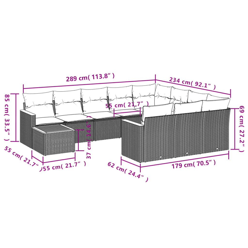 Set Divani da Giardino 11 pz con Cuscini in Polyrattan Nero 3226364