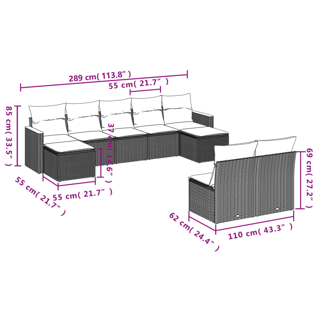 Set Divano da Giardino 9 pz con Cuscini Grigio in Polyrattan 3226375