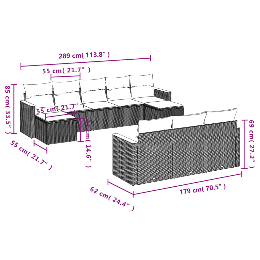 Set Divani da Giardino 10pz con Cuscini in Polyrattan Nero 3226412