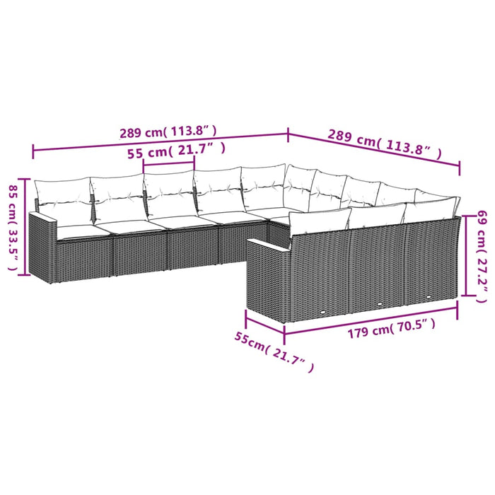 Set Divani da Giardino 11 pz con Cuscini Beige in Polyrattan 3226429