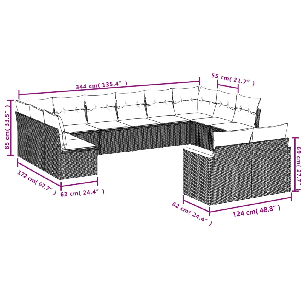 Set Divano da Giardino 12 pz con Cuscini Beige Misto Polyrattan 3226444