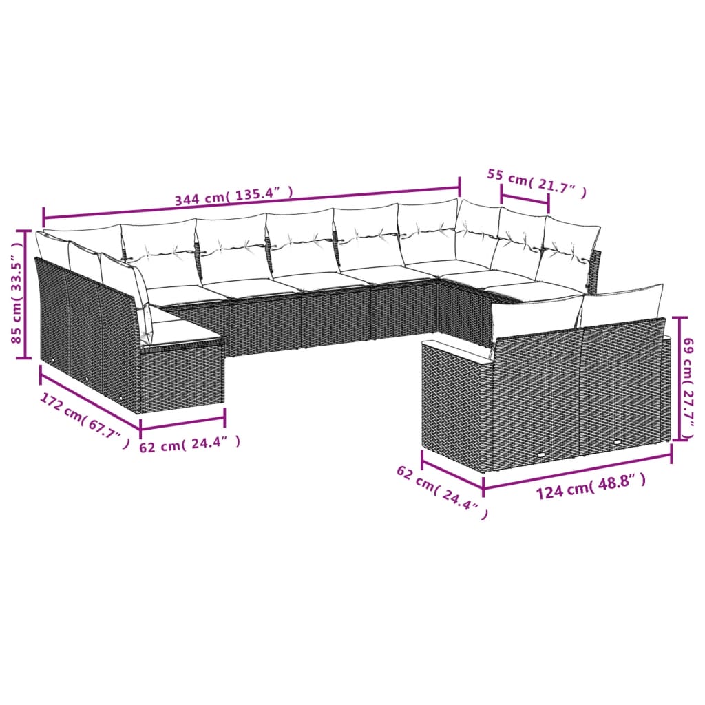 Set Divani da Giardino 13pz con Cuscini Nero in Polyrattan 3226448