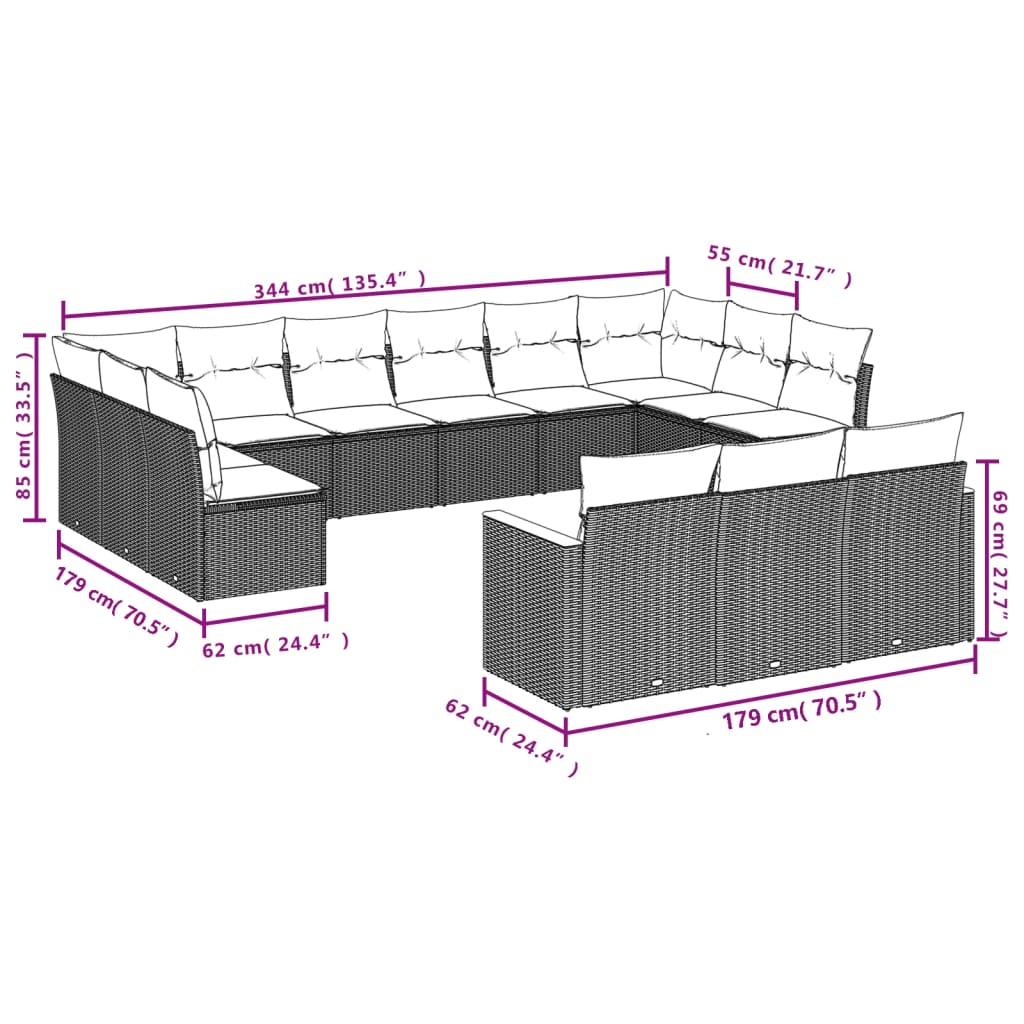 Set Divani da Giardino 13pz con Cuscini Nero in Polyrattan 3226454