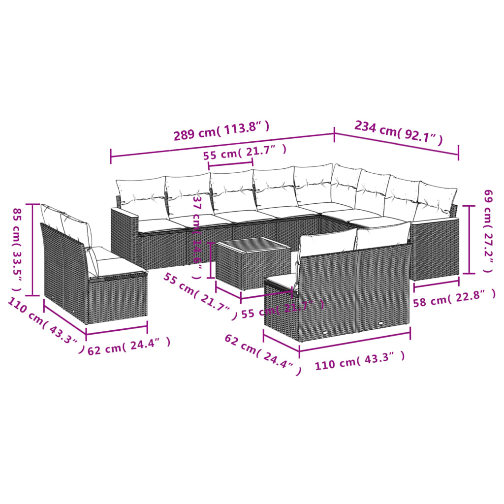 Set Divani da Giardino 13pz con Cuscini Nero in Polyrattan 3226475