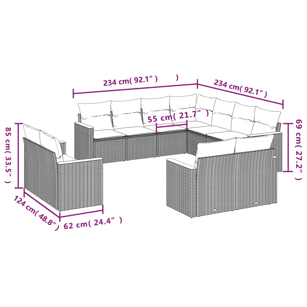 Set Divani da Giardino 11 pz con Cuscini in Polyrattan Nero 3226496