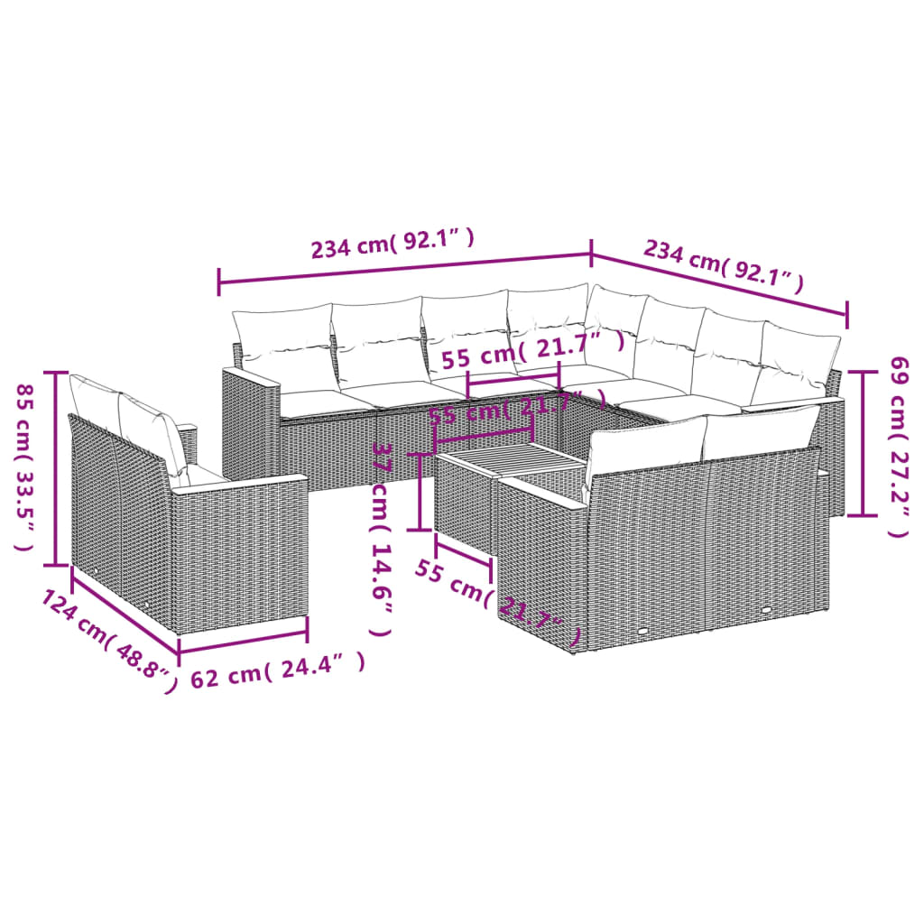 Set Divani da Giardino 12 pz con Cuscini Nero in Polyrattan 3226503