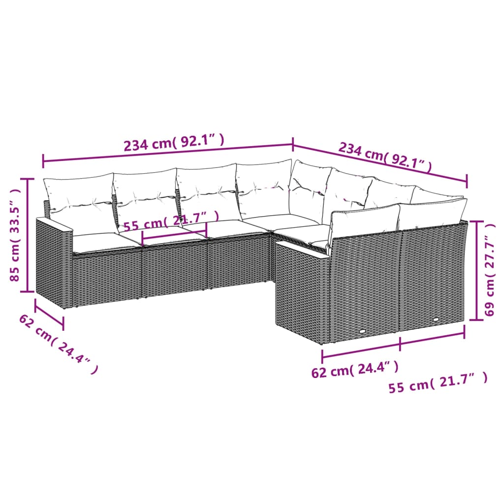 Set Divano da Giardino 8 pz con Cuscini Beige in Polyrattan 3226555