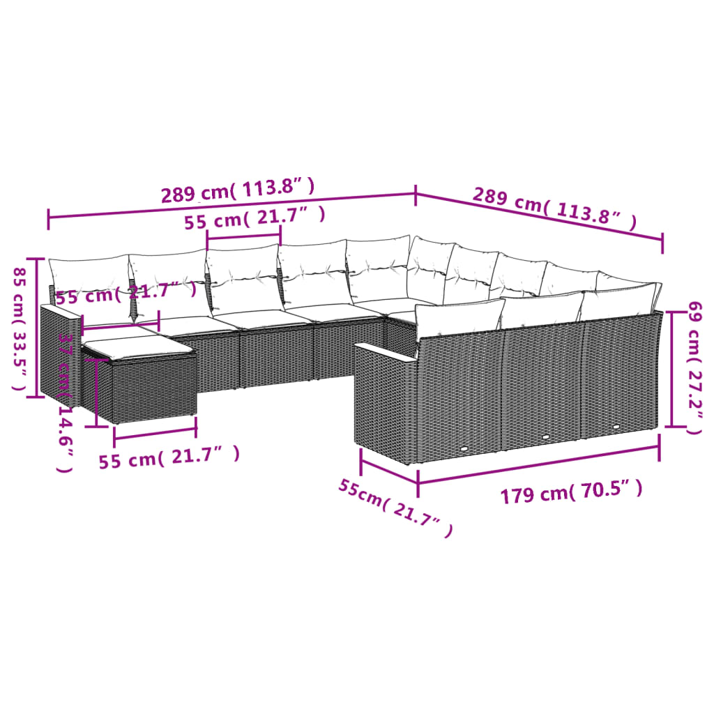 Set Divani da Giardino 12 pz con Cuscini Nero in Polyrattan 3226580