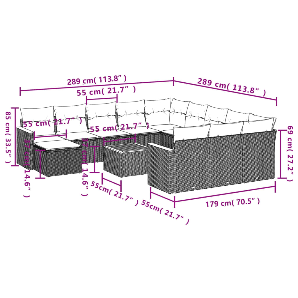 Set Divani da Giardino 13 pz con Cuscini Grigio in Polyrattan 3226592