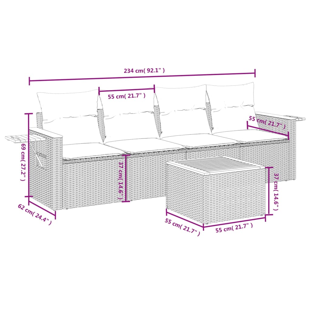 Set Divano da Giardino 5 pz con Cuscini Beige in Polyrattan 3226619