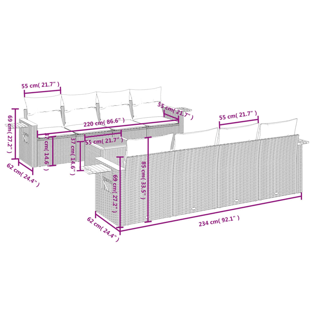 Set Divani da Giardino 9 pz con Cuscini Nero in Polyrattan 3226657