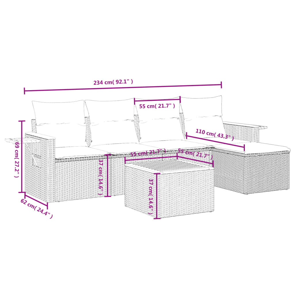 Set Divano da Giardino 6 pz con Cuscini Nero in Polyrattan 3226762