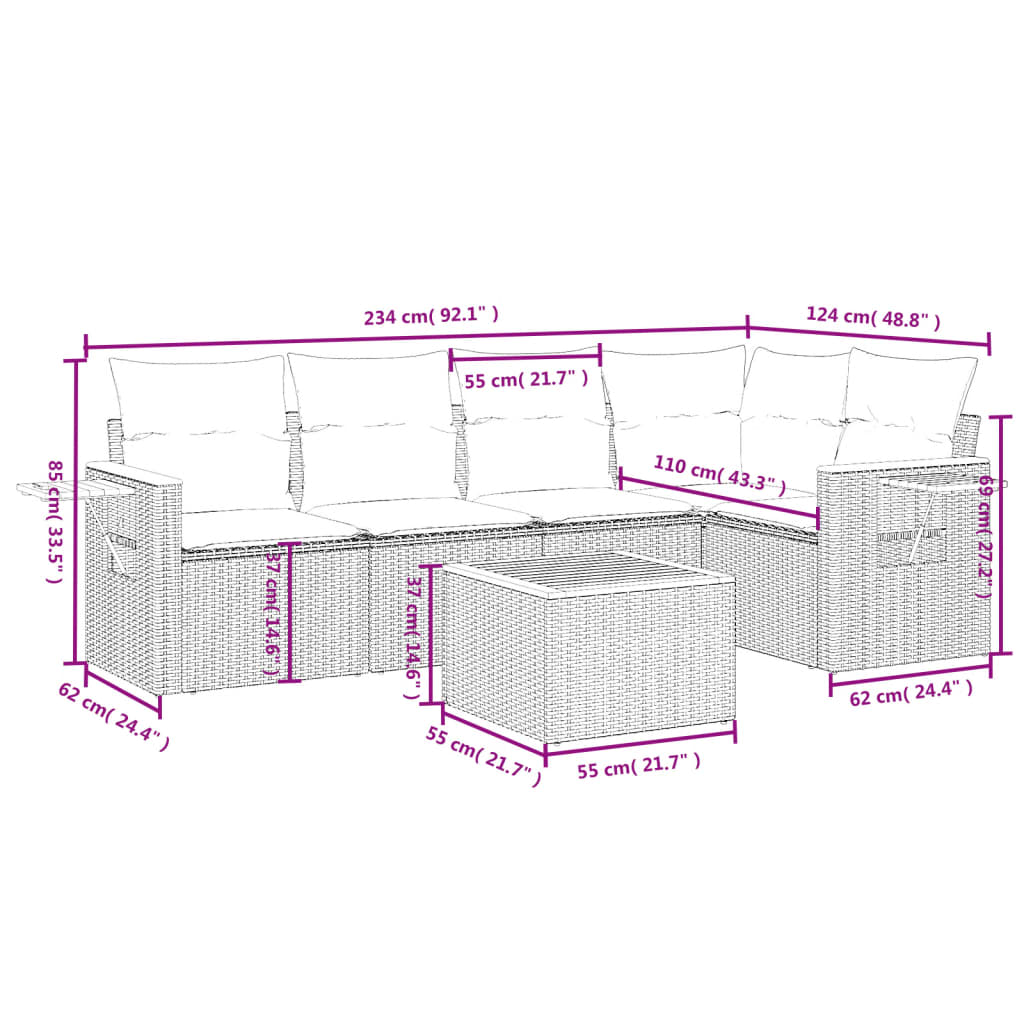 Set Divano da Giardino 6 pz con Cuscini Nero in Polyrattan 3226791