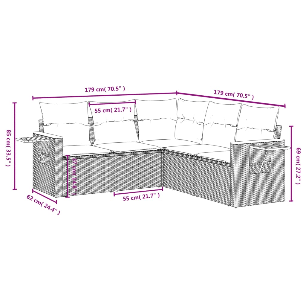 Set Divano da Giardino 5 pz con Cuscini Grigio in Polyrattan 3226802