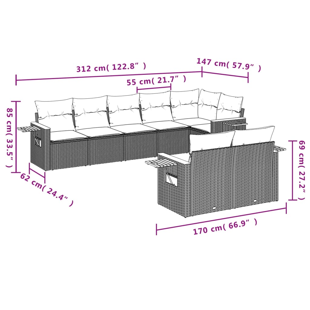 Set Divano da Giardino 8 pz con Cuscini Grigio in Polyrattan 3226991