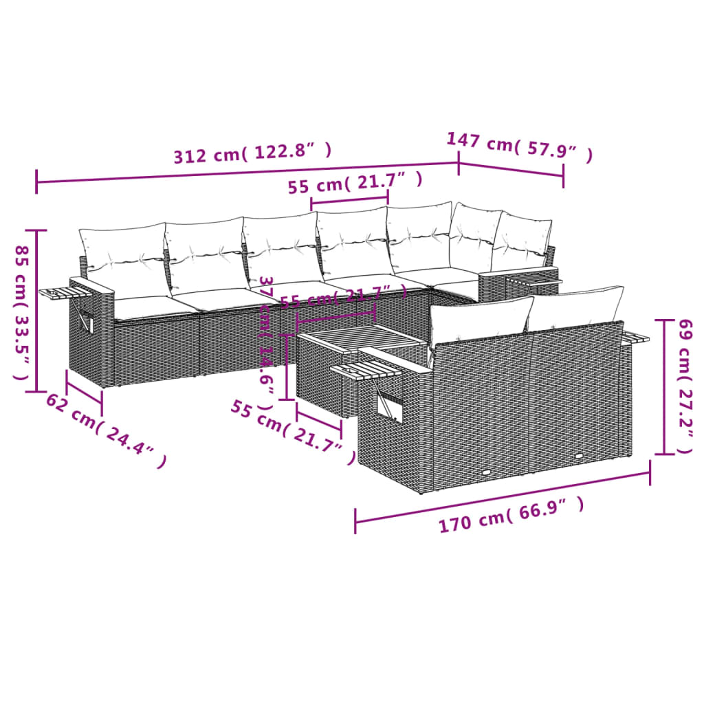 Set Divani da Giardino 9 pz con Cuscini Nero in Polyrattan 3226993