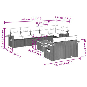 Set Divano da Giardino 9 pz con Cuscini Beige in Polyrattan 3226996