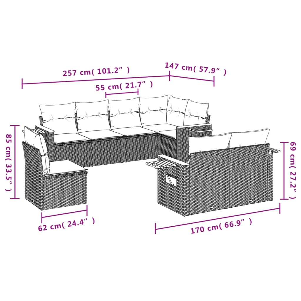 Set Divani da Giardino con Cuscini 8 pz Nero in Polyrattan 3227001