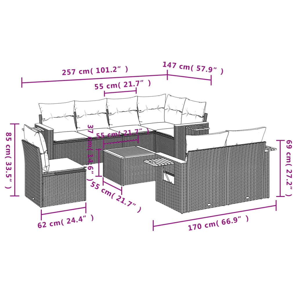 Set Divani da Giardino 9 pz con Cuscini Nero in Polyrattan 3227007