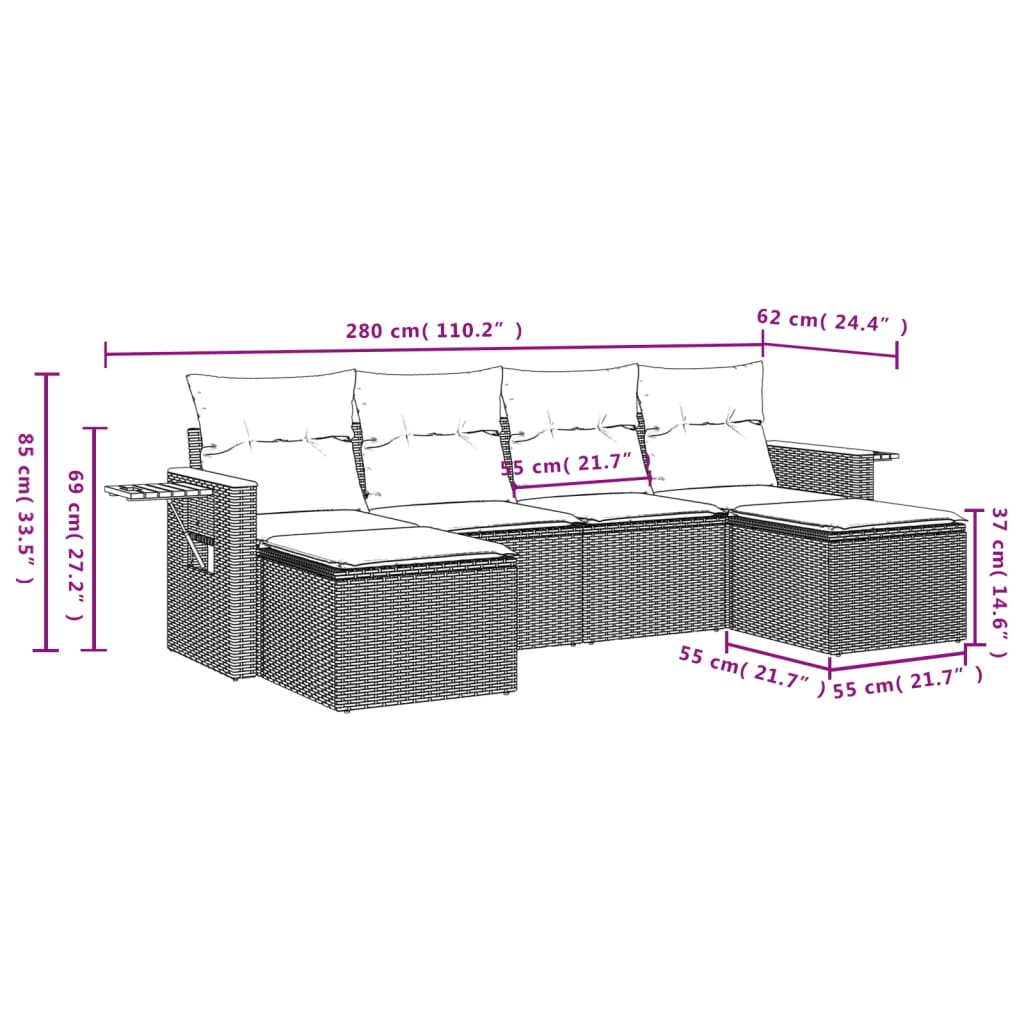 Set Divano da Giardino 6 pz con Cuscini Grigio in Polyrattan 3227061