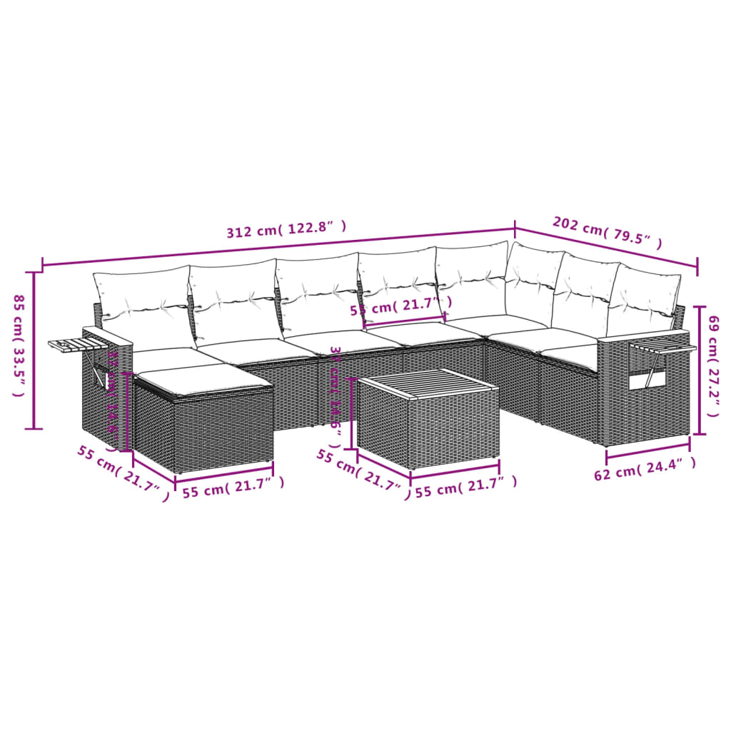 Set Divano da Giardino 9 pz con Cuscini Grigio in Polyrattan 3227096